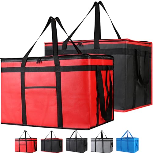Bodaon 2-Pack Insulated Food Delivery Bag, XXX-Large Meal Grocery Tote Insulation Bag for Hot and cold Food, Commercial Warming, Large Capacity Reusable Shopping Bags (Red + Black-Red)