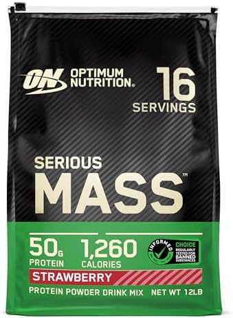 Optimum Nutrition Serious Mass, Weight Gainer Protein Powder, Mass Gainer, Vitamin C and Zinc for Immune Support, Creatine, Strawberry, 12 Pound (Packaging May Vary)