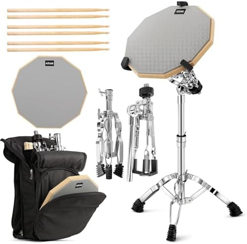 AZEAM Drum Practice Pad Snare Drum Stand Set 12 Inch Drum Pad Stand Kit with Grey Double Sided Silent Drum Pad Set,Snare Drum Stand Adjustable,5A Drumsticks, and Portable Drum Backpack for Beginners