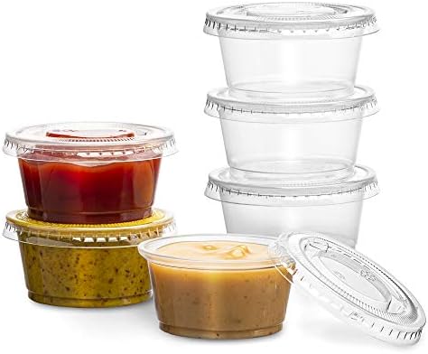 Clear Disposable Plastic Portion Cups With Lids (100 Sets - 2 Oz) - Disposable Condiment Cups, Thanksgiving Sauce/Dip/Dressing Cups, Souffle Cups & Jello Shot Cups With Lids