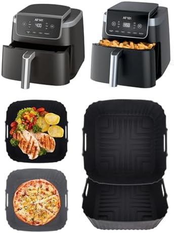 Air Fryer Silicone Liners Square for Ninja AF141 5Qt/Ninja AF181 6.5Qt/Ninja Crispi 4QT Container,Reusable Airfryer Replacement Baking Basket Insert | Non-stick | Easy Cleaning | Food Safe |Gray+Black