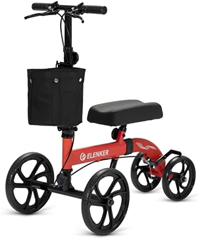 ELENKER Best Value Knee Walker with 10" Front Wheels Steerable Medical Scooter Crutch Alternative with Dual Braking System Red