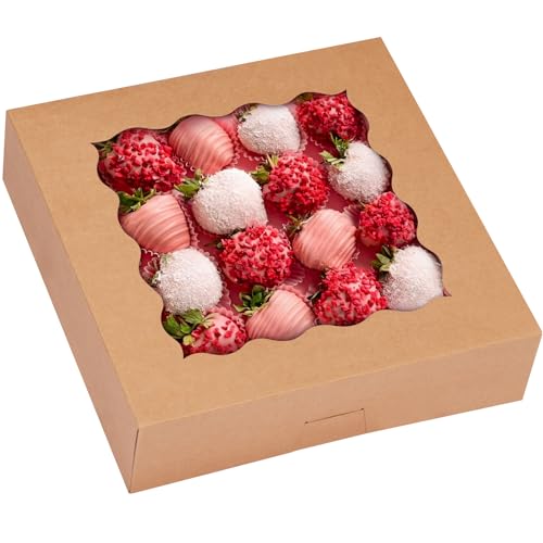 TOMNK 30pcs Pie Boxes, 10x10x2.5 Bakery Boxes with Window, Auto-Popup Brown Bakery Boxes for Pies, Cookie Boxes Treat Boxes for Dessert, Donuts, Muffins