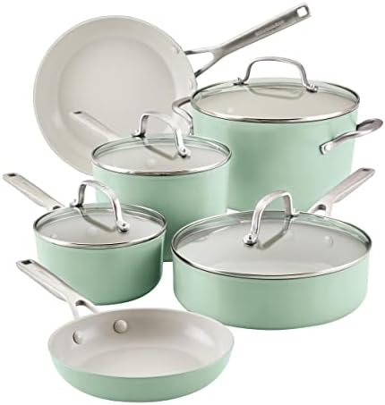 KitchenAid Hard Anodized Ceramic Nonstick Cookware/Pots and Pans Set, 10 Piece - Pistachio