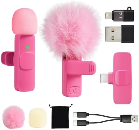 USB C Wireless Lavalier Microphone for Android Phone Tablet iphone ipad PC Mini Lapel Mic Content Creator Mics for Vlogging Video Recording Tiktok Podcast Interview Usbc Clip on Microphones Hot Pink