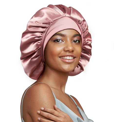 22 Momme 100% Real Mulberry Silk Bonnet for Sleeping Women, Large Hair Care Bonnet for Long Curly Hair, Double Layer Silk Hair Wrap with Soft Elastic Band, Non-Slip Sleep Cap, Pink