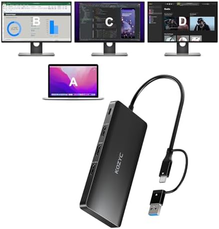 USB C Docking Station 3 Monitors Compatible with Mac/Windows, KOZYC Triple Display Docking Station with 3xHDMI(4k60Hz/30Hz+1080p), 3xUSB 3.0, SD/TF, 100W PD with HDMI Splitter Extend Display 3 Monitor