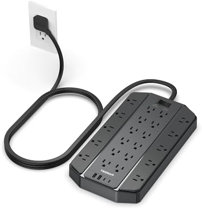 4000J Surge Protector Power Strip, TESSAN 22 Outlets Heavy Duty Extension Cord with 4 USB Ports (2 USB C), 1875W, 15A, Flat Plug, Charging Station for Home, Office, Gaming Room, PC, Dorm, Black