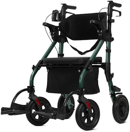 ELENKER All Terrain Rollator Walker Transport Wheelchair Combo, 2 in 1 Rolling Walker with Padded Seat and Wide Backrest, Green