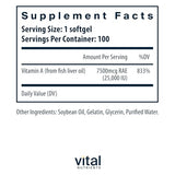 Vital Nutrients - Vitamin A (from Fish Liver Oil) - Supports Immune Function and Vision - 100 Softgels per Bottle - 7500 mcg RAE