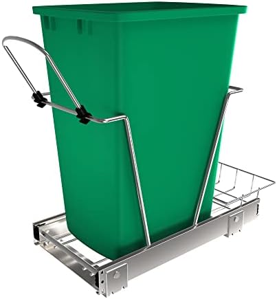Rev-A-Shelf Pullout Trash Can for Kitchen Cabinets 35 Qt 12 Gallon Garbage Waste Recycling Bin with Full Extension Slides, Green, RV-12KD-19C-S