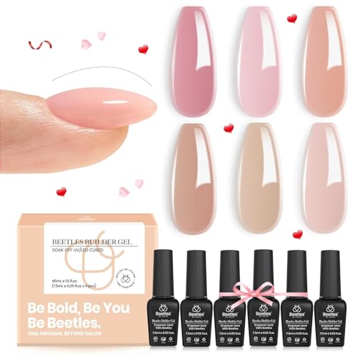 Beetles Builder Gel, 6 Colors 8 in 1 Strengthener Gel Clear Nude Pink Brown Gel Builder for Nails Hard Gel Extension Nail Gel Rhinestone False Nail Tips Glue Nail Art Design Valentines Gift for Women