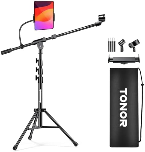 TONOR Microphone Stand with Tablet Holder, Tripod Boom Arm for Floor, Adjustable Height and Angle, Heavy Duty Stand with Carrying Bag, Phone and iPad Clamp, Compatible with Blue Yeti, T35