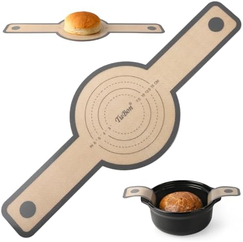 TuBon Upgraded 8.3inch Round Silicone Bread Sling for Dutch Oven,Non-Stick & Easy Clean & Odor-Free, Reusable Silicone Bread Baking Mat with Long Handles, Easy to Transfer Sourdough Bread(1 Grey pcs)