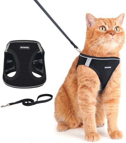 Rttochfy Cat Harness and Leash Set, Escape Proof Kitten Harness, Soft and Breathable Vest with Reflective Strip, Easy to Wear for Cats Walking and Traveling (Black, L)