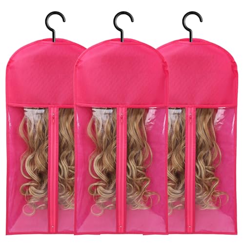 3PCS Hair Extension Storage Extension Holder Dust-proof Wig Storage for Multiple Wigs Bags Storage with Hanger Wig Holder for Multiple Wigs Stand Hair Extensions, Wigs & Accessories (Hot Pink)