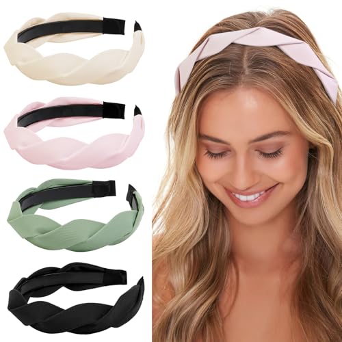 WOVOWOVO 4 Pieces Braided Headband for Women Girls Fashion Hairband for Women's hair Wide Headbands Non Slip Hairhoop Solid Colors Accessories