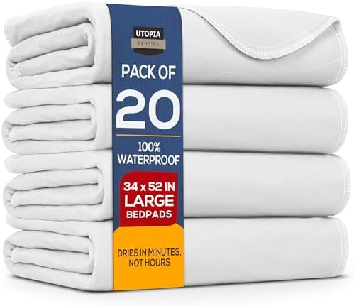 Utopia Bedding Waterproof Incontinence Bed Pads 34 x 52 Inches (Pack of 20, White), Washable and Reusable Underpads for Adults, Elderly and Pets, Absorbent Protective Pads