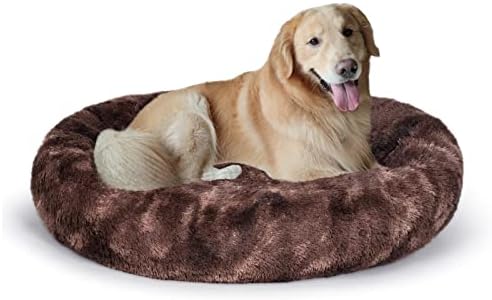 Coohom Oval Calming Donut Cuddler Dog Bed,Shag Faux Fur Cat Bed Washable Round Pillow Pet Bed(30"/36") for Small Medium Dogs (XXL(43"x34"x8"), Brown2021)