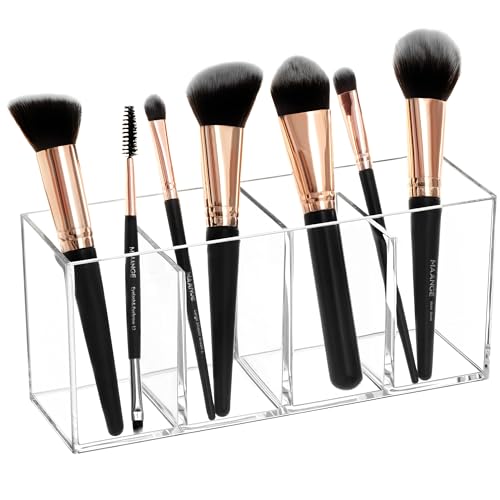 HBlife Clear Makeup Brush Holder Organizer, Acrylic Cosmetic Brushes Storage with 4 Slots, Eyeliners Display Case for Vanity