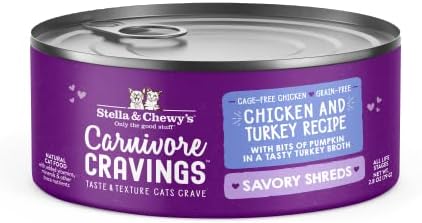Stella & Chewy's Carnivore Cravings Savory Shreds Cans – Grain Free, Protein Rich Wet Cat Food – Cage-Free Chicken & Turkey Recipe – (2.8 Ounce Cans, Case of 24)