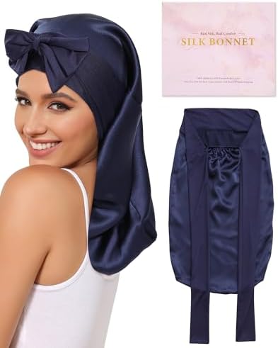 AWAYTR 100% Mulberry Silk Bonnet - Long Hair Cap for Sleeping Tie Band Bonnet for Braids Curly Hair