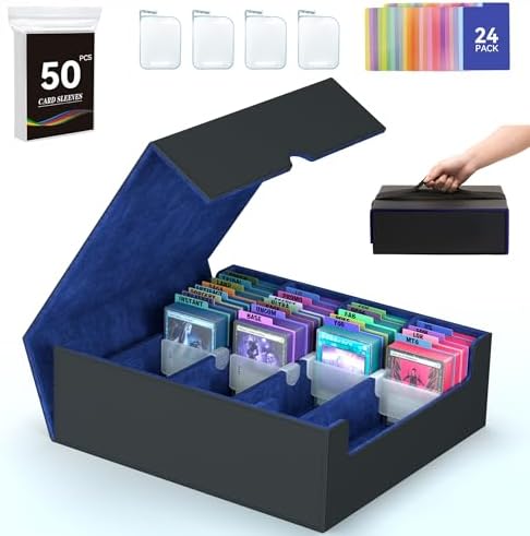 4-Row【3200+】 Trading Card Storage Box, Card Organizer Holder With 50 Sleeves & 24 Dividers, Case Fit for Mtg Tcg Magic Commander Deck Playing Cards, Deck Box for Baseball Sport Card
