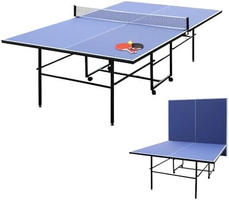 9ft Mid-Size Table Tennis Table, Foldable Ping Pong Table for Indoor & Outdoor Games with Net, 2 Table Tennis Paddles and 3 Balls