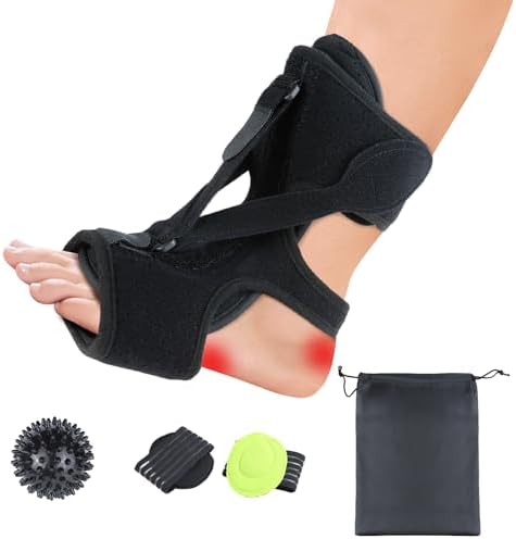 Plantar Fasciitis Night Splint with Massage Ball & Arch Pads, Foot Brace Support for Achilles Tendonitis, Foot Drop & Heel Spur – Adjustable Night Splint for Women & Men, Black