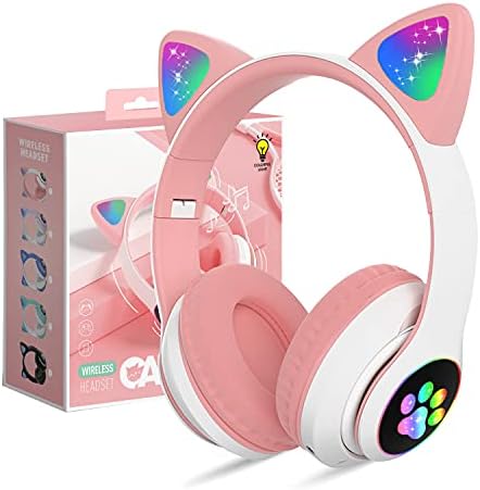 Bluetooth Headphones for Kids, Cute Ear Cat Ear LED Light Up Foldable Headphones Stereo Over Ear with Microphone/TF Card Wireless Headphone for iPhone/iPad/Smartphone/Laptop/PC/TV (Pink)