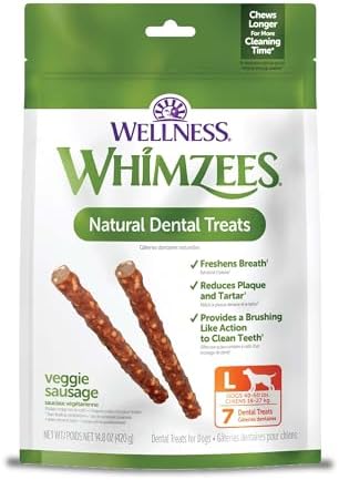 WHIMZEES by Wellness Veggie Sausage Natural Dental Chews for Dogs, Long Lasting Treats, Grain-Free, Freshens Breath, Large Breed, 7 Count
