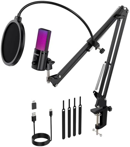 FDUCE Gaming USB Microphone, RGB Condenser mic with Mute, Gain, Monitoring, Boom Arm for Streaming, Podcast, Twitch, YouTube, PC, Computer, PS5, (M160+)