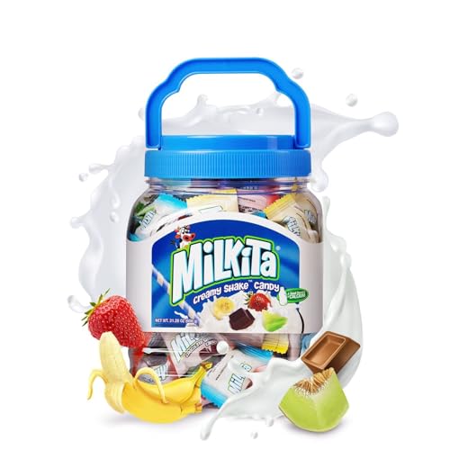 Milkita Creamy Shake Candy Jar, Gluten Free Chewy Candies with Calcium & Real Milk, Zero Trans Fat, Low-Sugar, Assorted Flavors (Vanilla, Strawberry, Chocolate, Honeydew, Banana), 150 Pcs