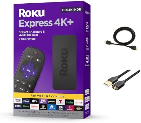Roku Express 4K+ Streaming Player, HD/4K/HDR with Roku Voice Remote, TV Controls & Premium HDMI Cable & Smooth Wi-Fi, with MTC HDMI Cable and USB Extension Cord, Black
