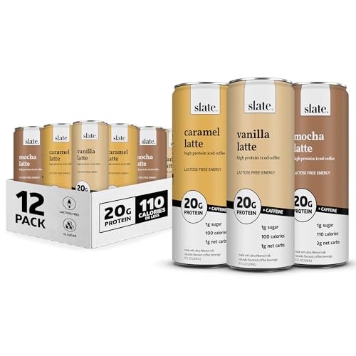 Slate Milk - High Protein Iced Coffee - Energy Variety Pack - Caramel Latte, Mocha Latte, Vanilla Latte - 175mg Caffeine, Lactose Free - 20g Protein, 1g Sugar - Protein Coffee - 11 fl oz, 12 Cans