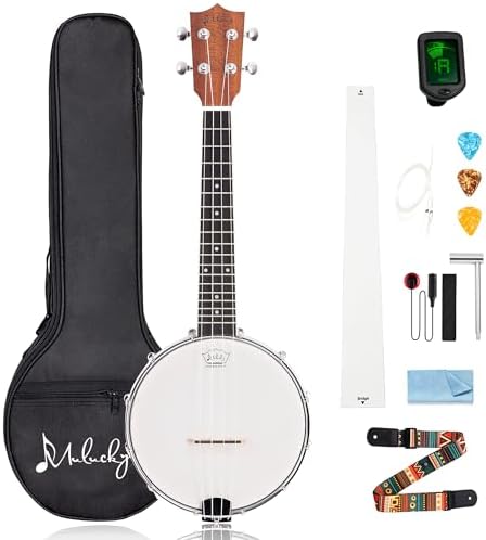 Mulucky Banjolele 4 String Banjo Ukulele Concert Size 23 Inch, Closed Solid Wood Back, Beginner Kit with Truss Rod Gig Bag Tuner String Strap Picks - BU806