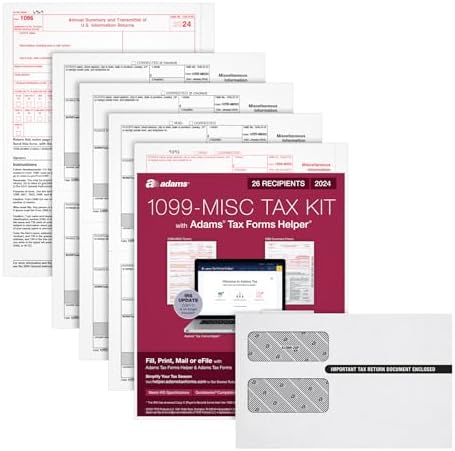 Adams 2024 1099 MISC Kit for 26 Recipients, 4 Part Laser 1099 Forms, 3 1096 Forms, Self Seal Envelopes & Access to Adams Tax Forms Helper (1009310)