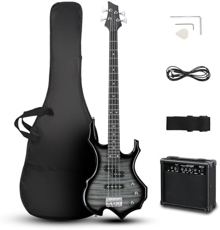 Ktaxon Electric Bass Guitar Full Size Flame Design Bass Set with 20 Watt Amplifier, Portable Bass Bag, Superior Amp Wire, Adjustable Guitar Strap, Plectrum, Wrench Tool(Tiger Stripes)