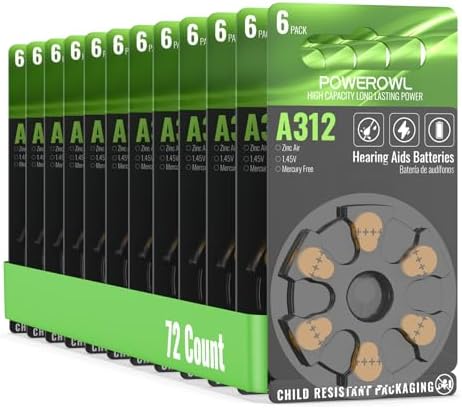 POWEROWL Hearing Aid Batteries Size 312, High Capacity Cell, Long Lasting 312A Battery, 72 Count