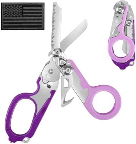 Trauma Shears, Stainless Steel Emergency Response Medical Scissors, Outdoor Camping Tools with 1piece Hook and Loop (Double Purple)