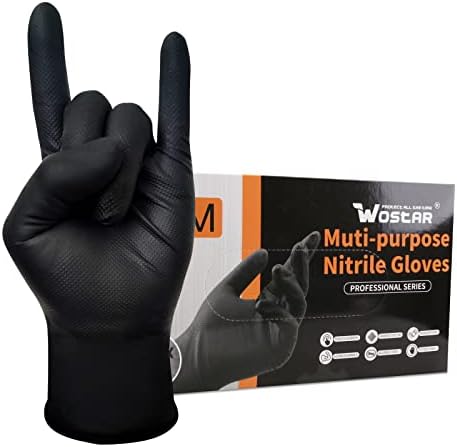 Wostar Black Nitrile Disposable Gloves Medium 8 Mil 100Pcs Latex & Powder-Free Industrial Raised Diamond Texture Black Gloves