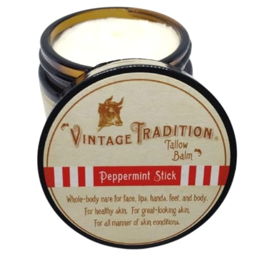 Vintage Tradition Beef Tallow All Purpose Balm – Healing, Hydrating Peppermint Oil Skin Care Salve Replaces Body Lotion, Hand Cream, More – Essential Oil, Olive Oil, and Grass-Fed Tallow, 2 fl. oz.