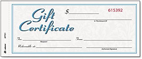 Adams Gift Certificate Book, Carbonless, Single Paper, 3.4 x 8 Inches, White/Canary, 2-Part, 25 Numbered Certificates Plus Store Sign (GFTC1)