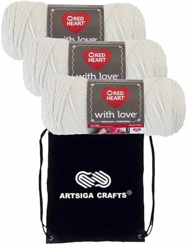 Red Heart with Love Eggshell E400-1101 (3-Skeins - Same Dye Lot) Worsted Medium #4 Acrylic Yarn for Crocheting and Knitting with Project Bag