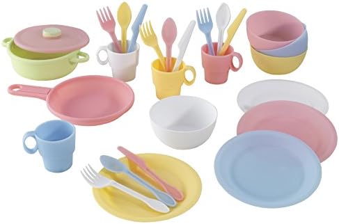 KidKraft 27-Piece Pastel Cookware Set, Plastic Dishes and Utensils for Play Kitchens, Gift for Ages 18 mo+