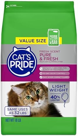 Cat's Pride Premium Lightweight Clumping Litter: Pure & Fresh - Up to 10 Days of Powerful Odor Control - Multi-Cat, Scented, 18 Pounds