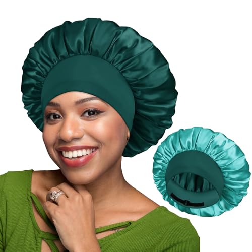 BONNET QUEEN Silk Bonnet for Sleeping for Women Satin Bonnet Double Layer Reversible in 2 Color Adjustable Hair Bonnet Satin Lined Night Sleep Cap for Curly Hair, Dark Green+Aqua