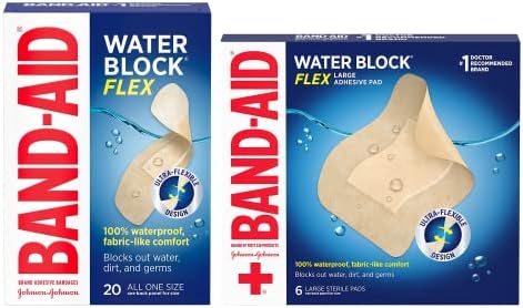Band-Aid Brand Water Block Flex 100% Waterproof Adhesive Bandages for First Aid & Wound Care, Sterile Ultra-Flexible Design, 20 ct Box of All One Size + 6 ct Box of Large Sized Bandages
