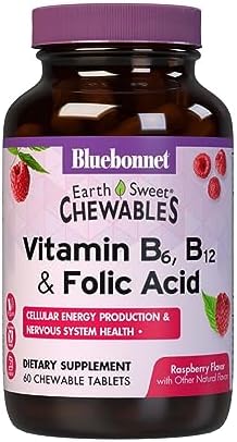 Bluebonnet Nutrition Earth Sweet Vitamin B6, B12, Plus Folic Acid Chewable Tablets, Vegan, Vegetarian, Gluten Free, Soy Free, Milk Free, Kosher, 60 Chewable Tablets, Raspberry Flavor