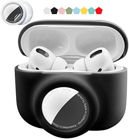 2 in 1 Protective Skin Case Compatible for Airpods Pro and Airtag Case Combo Set, Silicone GPS Tracker Cover Holder, Soft Shock-Proof Anti-Scratch Anti-Lost(Black)